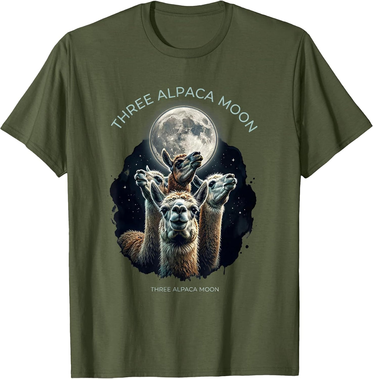 Three Alpaca Moon Surreal Alpaca Lover Meme Humor T-Shirt - Olive Green