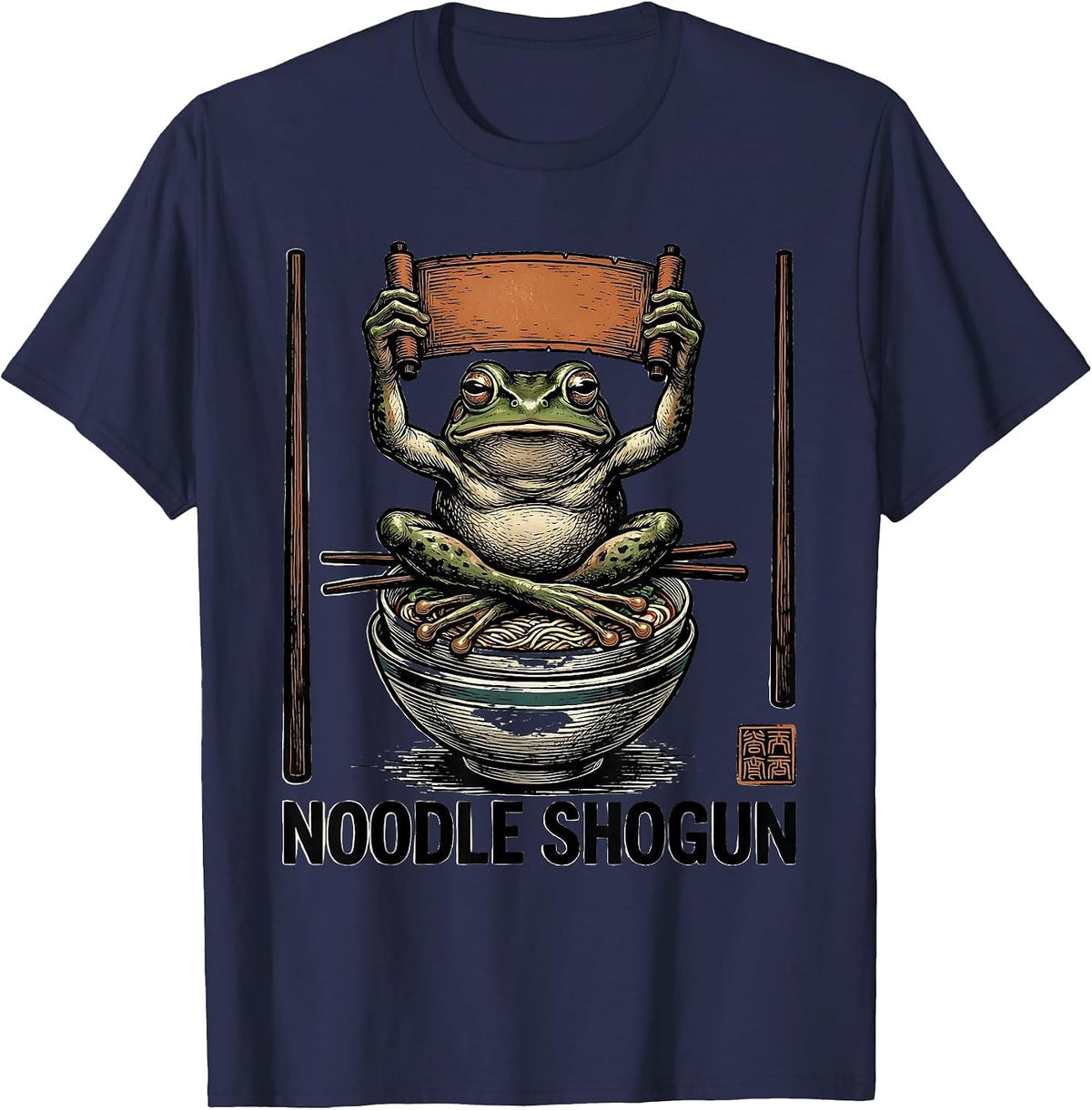 Noodle Shogun Grumpy Frog Ukiyo-e Ramen Humor T-Shirt - Navy Blue