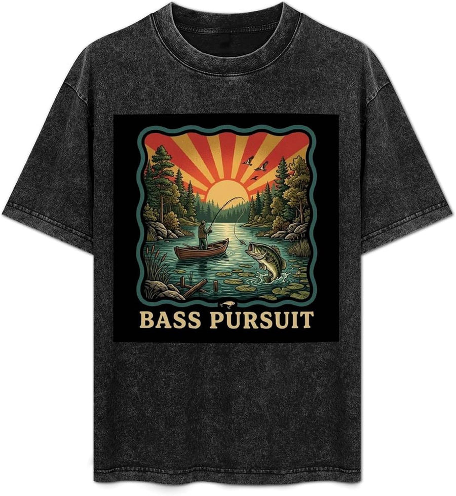 Vintage Washed Cotton Men Bass Fishing T‑Shirt, Bass Retro Lake Sunset Graphic Tee, Casual Short Sleeve Gift for Anglers -
