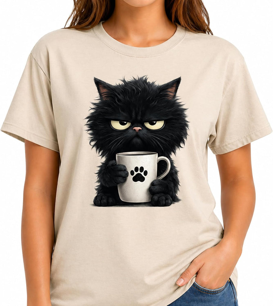Cat Mood Funny Gift Shirt Unisex Graphic Tee Grumpy Coffee Design Cute Sketch Style Pet Lover T Shirt - Morning Mood Cat