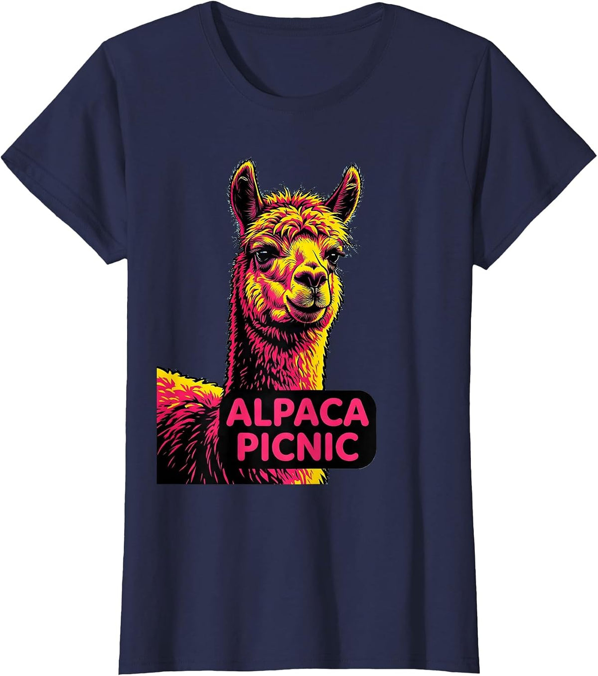 Women's Alpaca Picnic Pop Art Funny Alpaca Lover Humor T-Shirt - Navy Blue