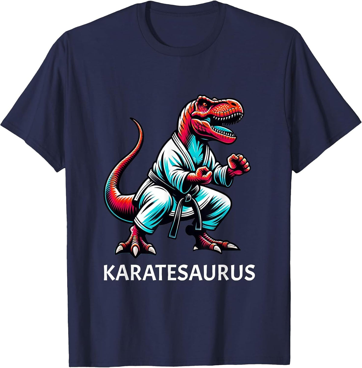 Funny Karate Dinosaur Karatesaurus T-Rex Graphic Karatist T-Shirt - Navy Blue