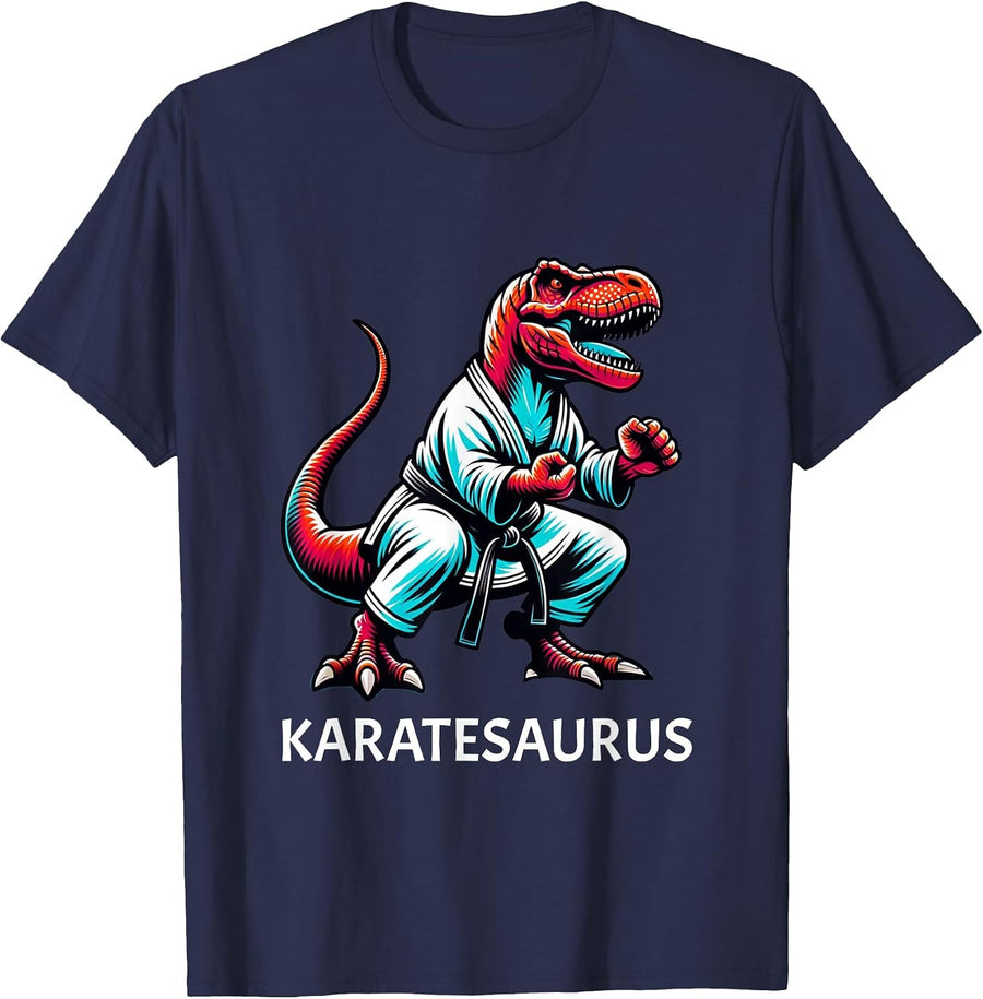 Funny Karate Dinosaur Karatesaurus T-Rex Graphic Karatist T-Shirt - Navy Blue