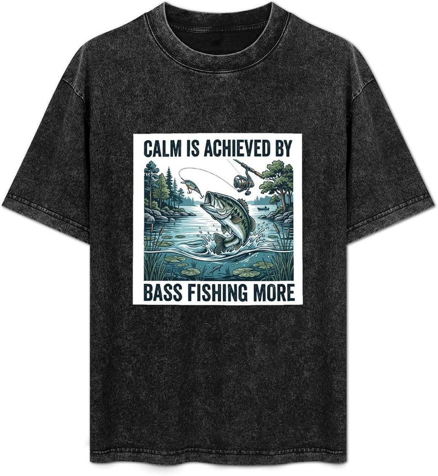Vintage Washed Cotton Men Bass Fishing T‑Shirt, Fishing Rod Reel Graphic Tee, Casual Short Sleeve for Angler Fishing Lovers