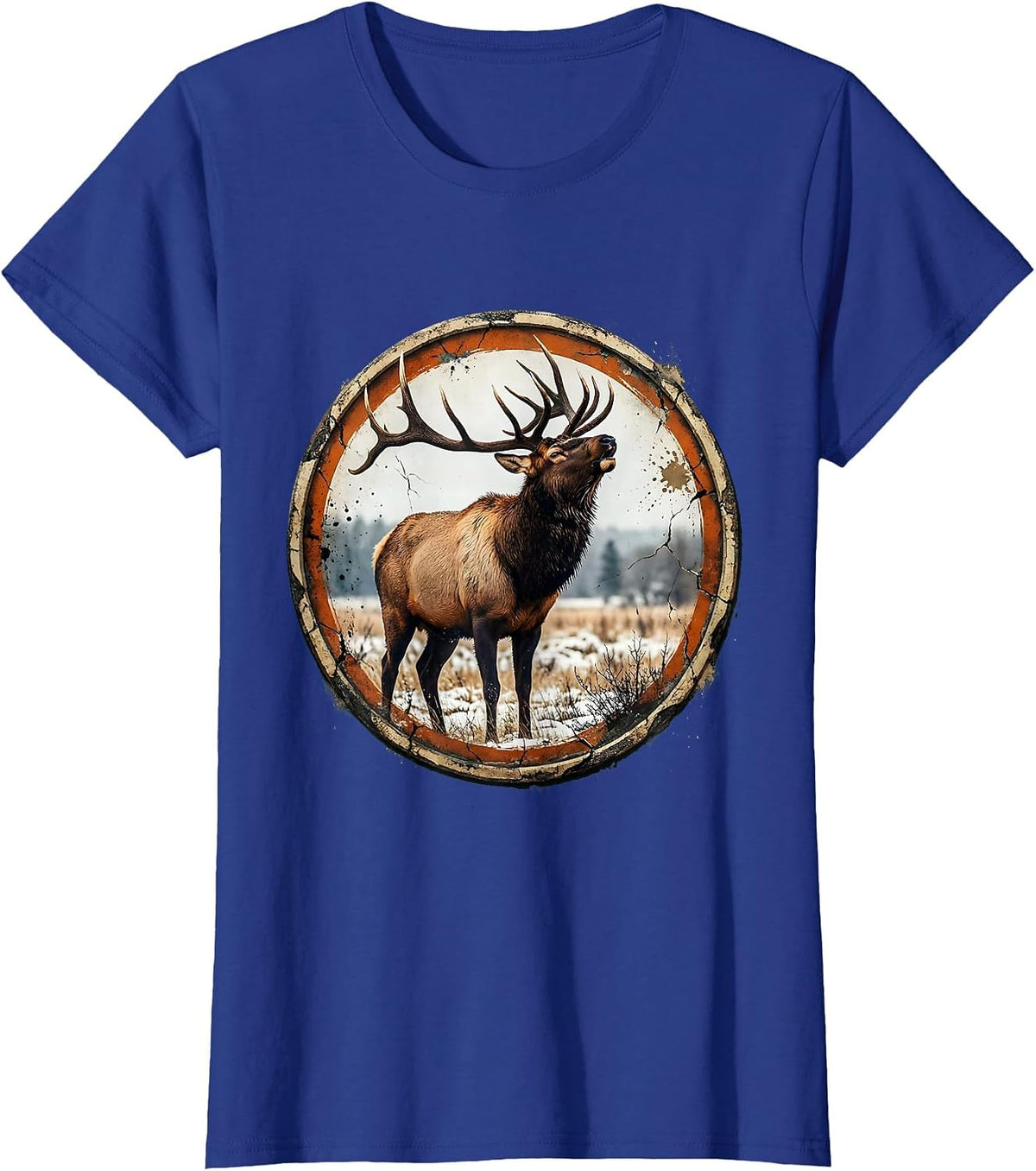 Women's Bull Elk Bugling in Snowy Meadow Illustration T-Shirt - Royal Blue