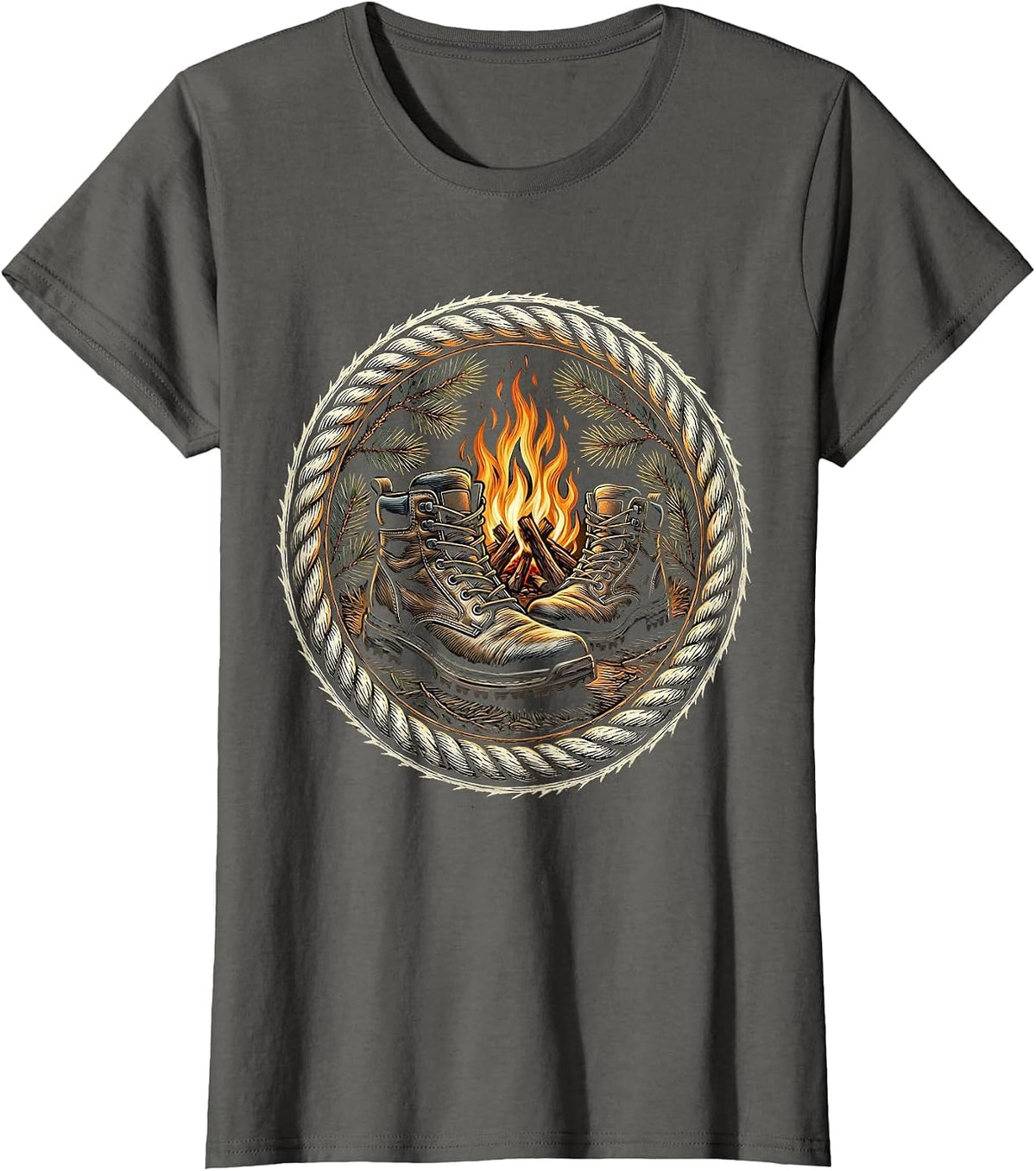 Women's Hunting Boots Campfire Illustration Hunting Design T-Shirt - Asphalt Grey
