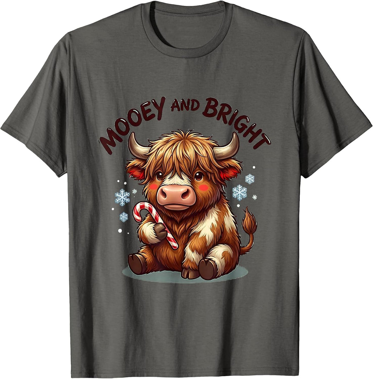 Mooey And Bright Cute Highland Cow Christmas Xmas Lights T-Shirt - Asphalt Grey