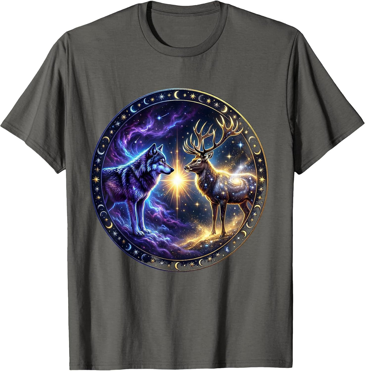 Wolf and Elk Standoff Wildlife Graphic T-Shirt - Asphalt Grey