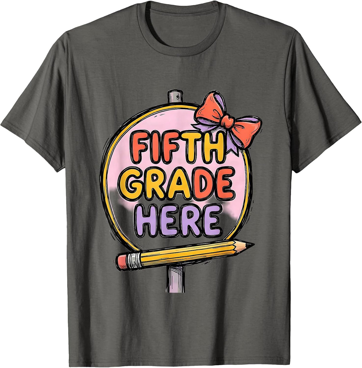 Men's Fifth Grade Here Coquette Bow Back to School Pencil Humor T-Shirt - Asphalt Grey