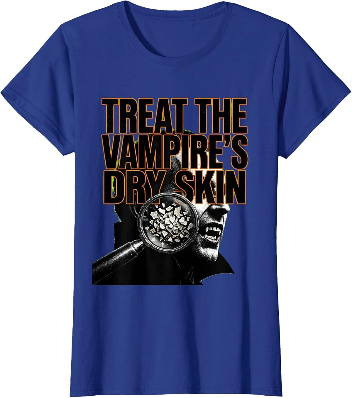 Women's Treat The Vampire's Dry Skin Brutalist Halloween Dermatology T-Shirt - Royal Blue