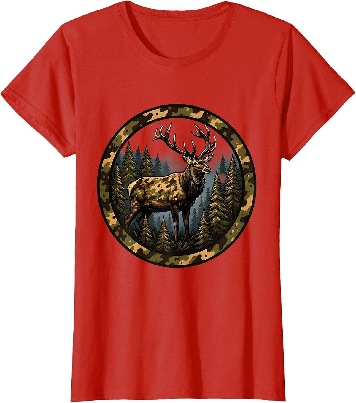 Elk Silhouette Misty Pine Forest Camo Design T-Shirt - Red