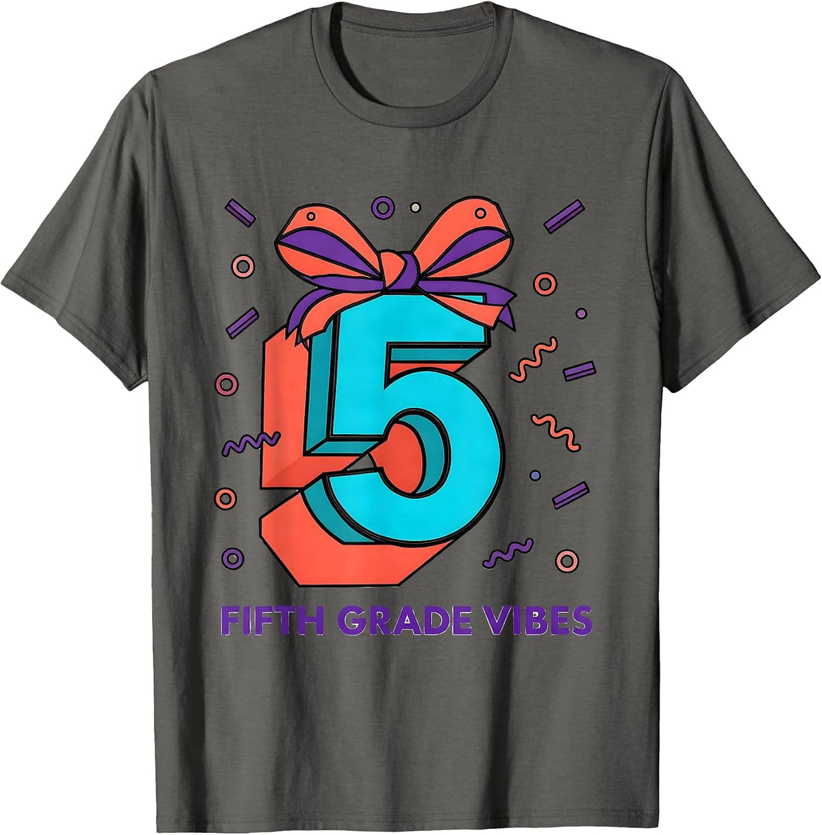 Fifth Grade Vibes Memphis Postmodern Coquette Bow Back T-Shirt - Asphalt Grey