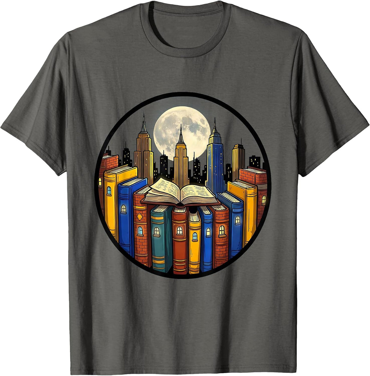 Men's Book Cityscape Skyline Literary Illustration T-Shirt - Asphalt Grey