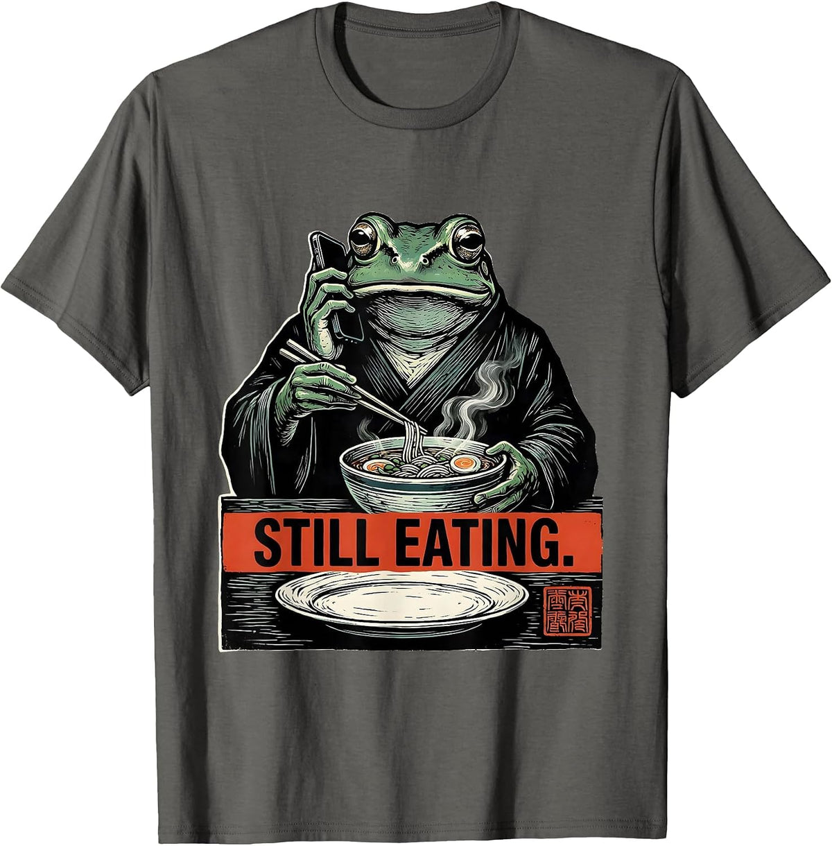Men's Still Eating Grumpy Frog Ramen Japanese Art Ukiyo-e Humor T-Shirt - Asphalt Grey