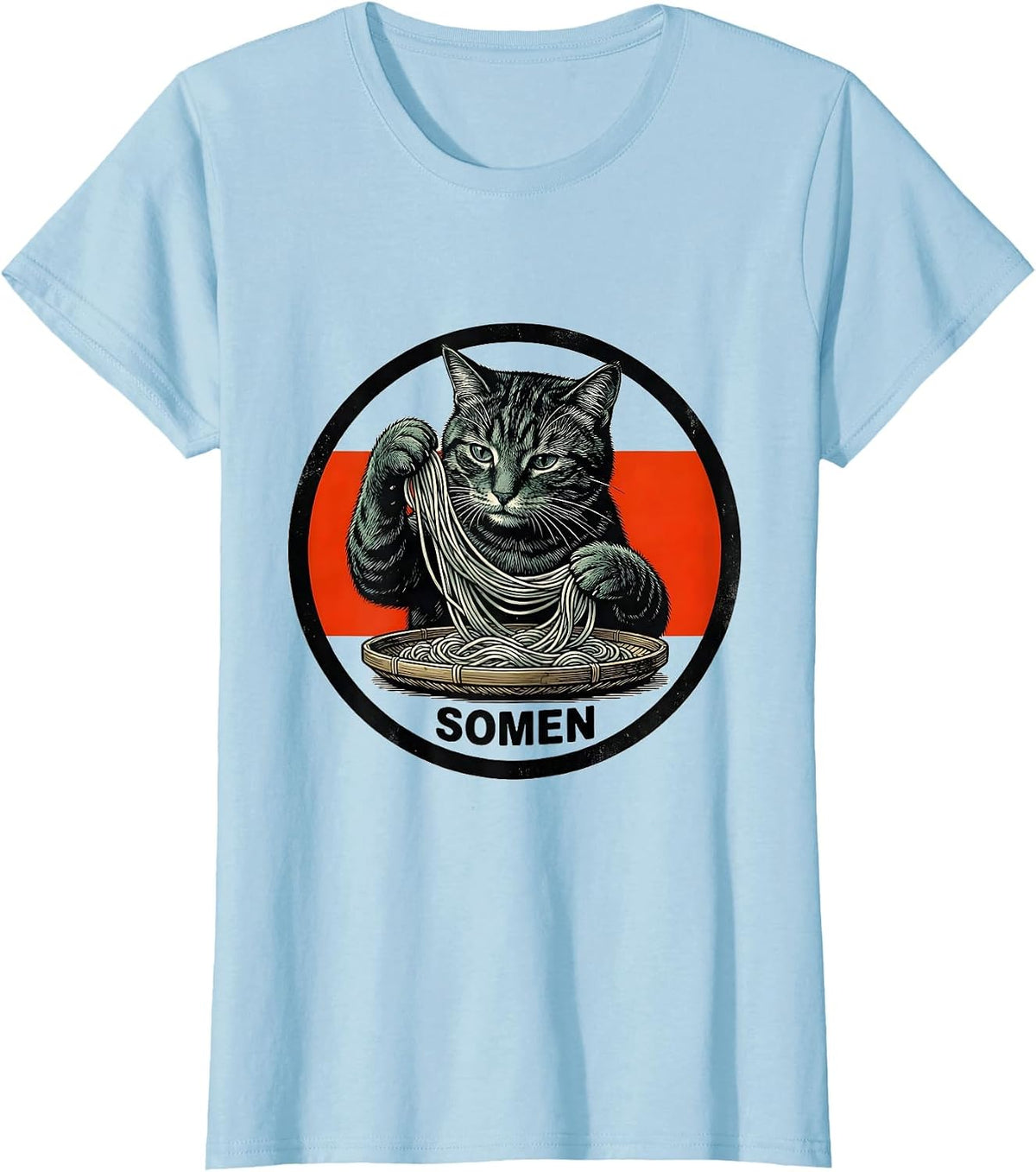 Women's SOMEN Vintage Poster Relief Cat Ramen Kawaii Anime Gift T-Shirt - Baby Blue