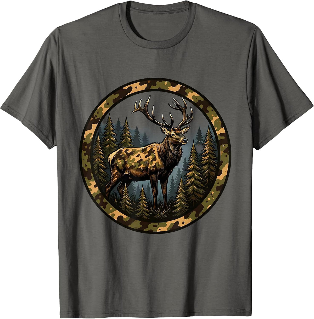 Elk Silhouette Misty Pine Forest Camo Design T-Shirt - Asphalt Grey