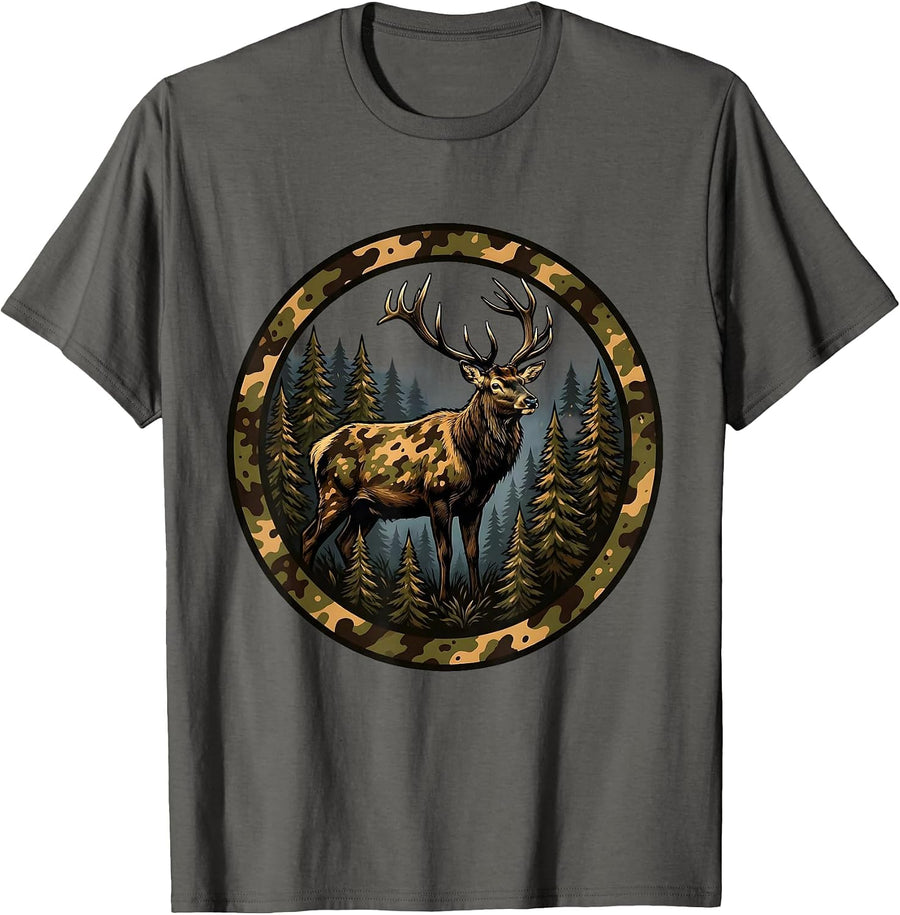 Elk Silhouette Misty Pine Forest Camo Design T-Shirt - Asphalt Grey