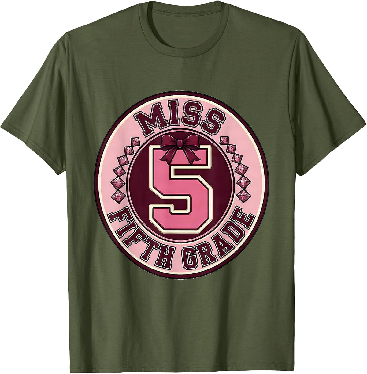 Men's Miss Fifth Grade Sparkle Varsity Coquette Bow Back To School T-Shirt - Olive Green