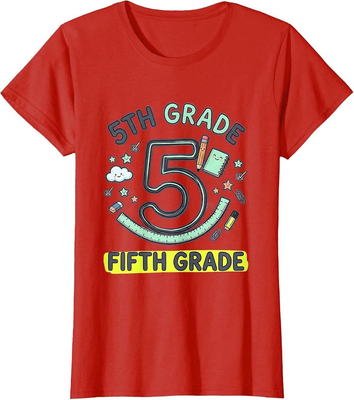 Women's 5TH GRADE FIFTH GRADE Kawaii Stationery Doodle Back T-Shirt - Red