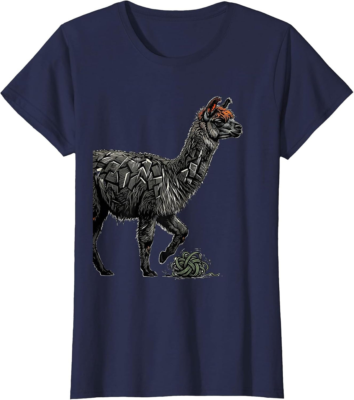Women's Llama Linocut Funny Alpaca Lover Gift T-Shirt - Navy Blue