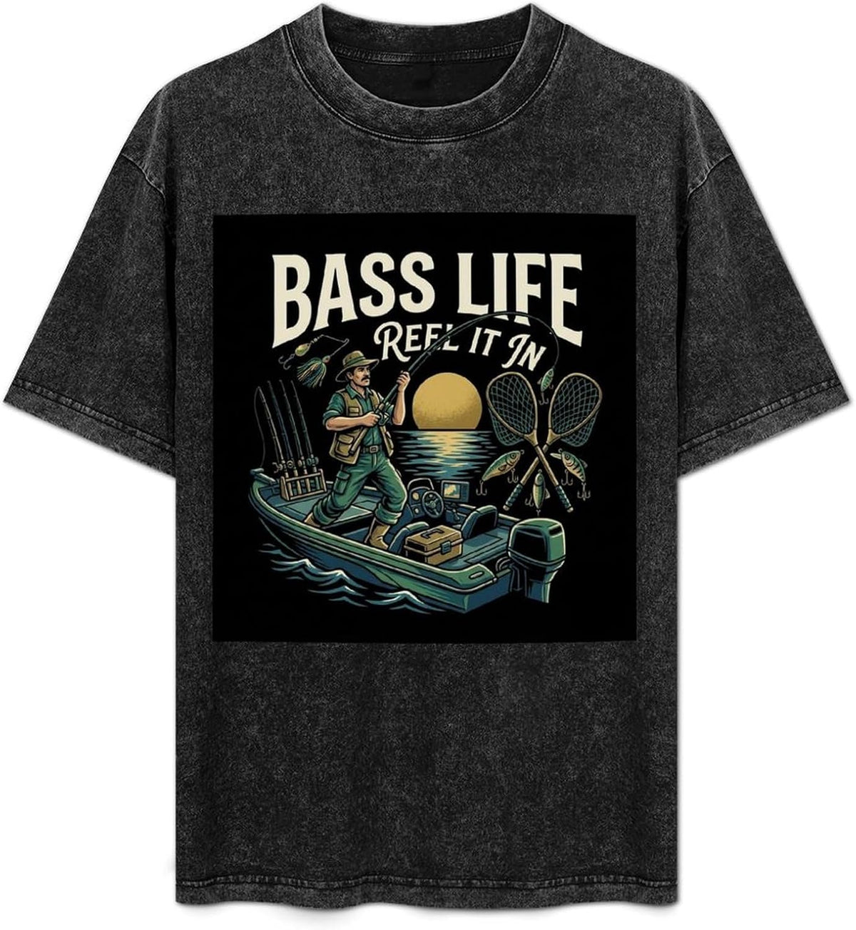 Vintage Washed Cotton Men Bass Fishing T‑Shirt, Bass Life Reel It Sunset Graphic Tee, Casual Short Sleeve Gift for Anglers -