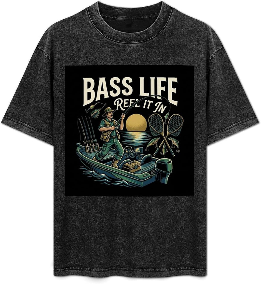Vintage Washed Cotton Men Bass Fishing T‑Shirt, Bass Life Reel It Sunset Graphic Tee, Casual Short Sleeve Gift for Anglers -