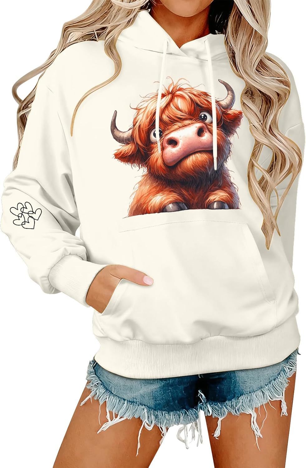 Highland Cow Hoodie For Women Oversized Graphic Hooded Sweatshirts Long Sleeve Drop Shoulder Drawstring Pullover Tops - A17