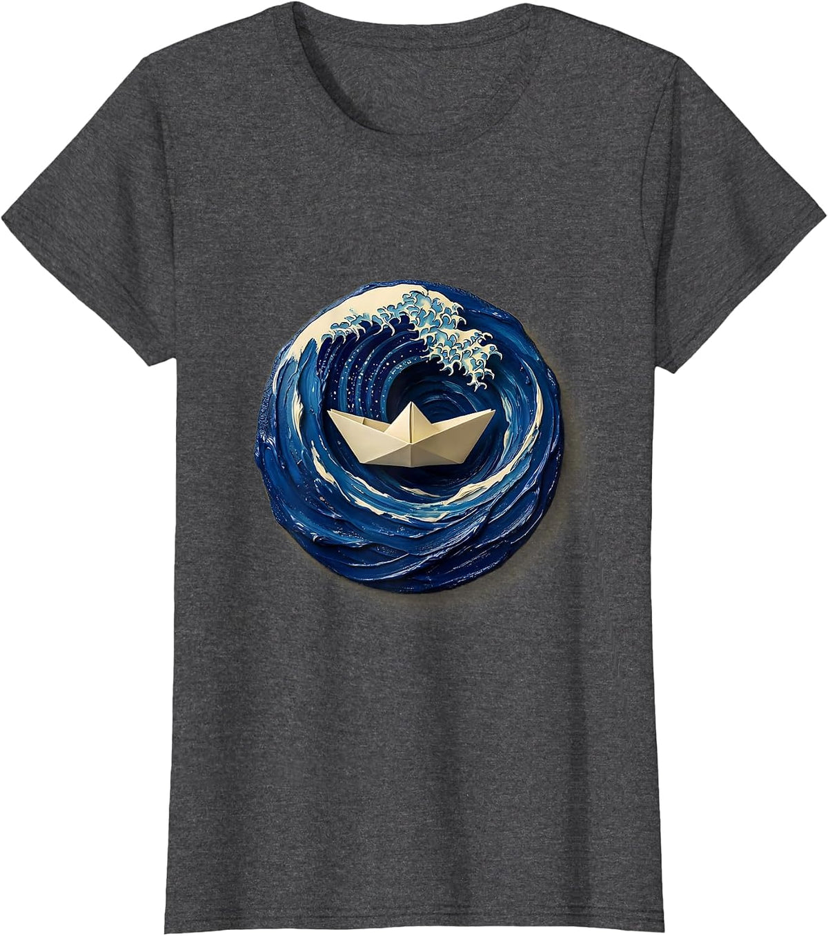 Women's Small Boat vs Massive Waves Nautical Art T-Shirt - Dark Heather Grey