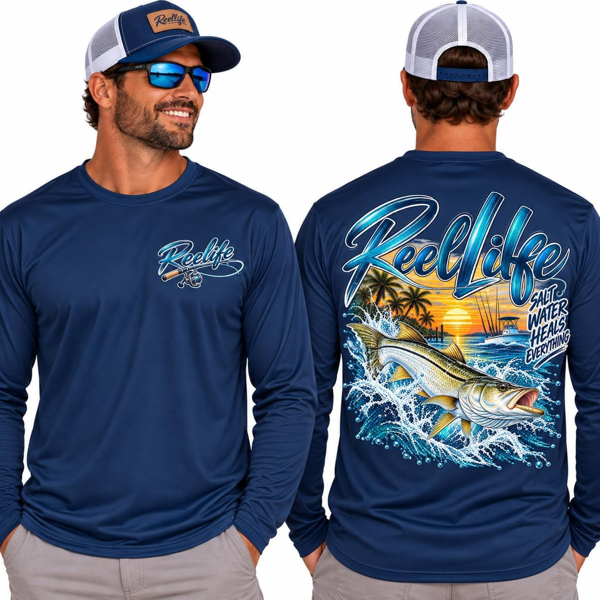 Reel Life SnookFishing Long Sleeve Tee | Ocean Sunset Beach Graphic - True Navy