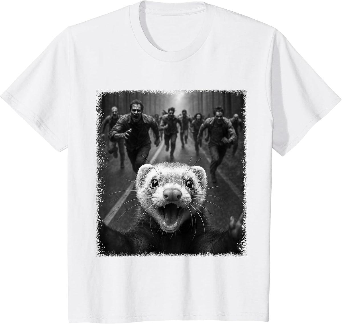 Funny Spooky Ferret Selfie with Creepy Halloween Zombies T-Shirt - White