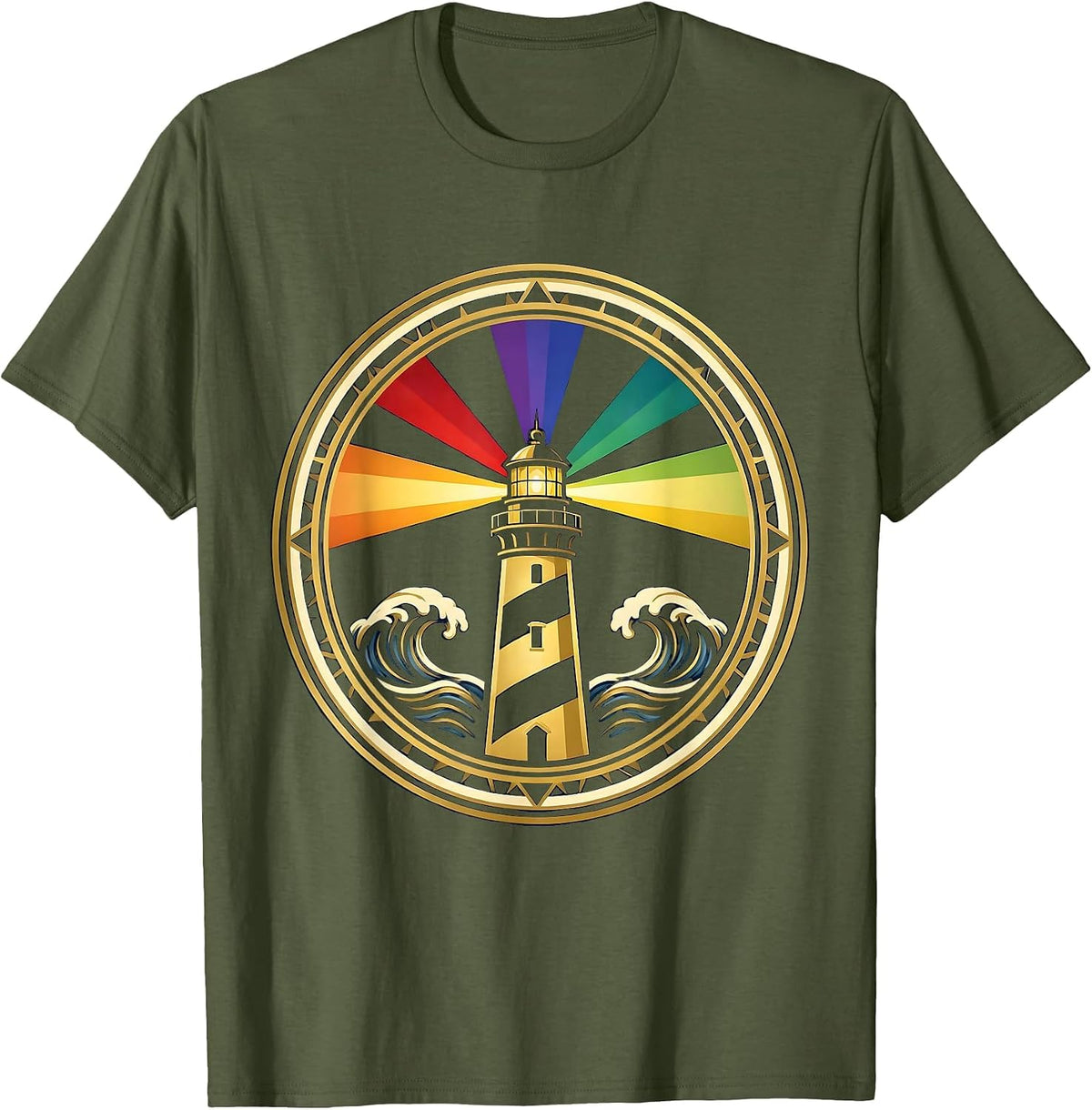 Autism Awareness Lighthouse Spectrum Colors T-Shirt - Olive Green