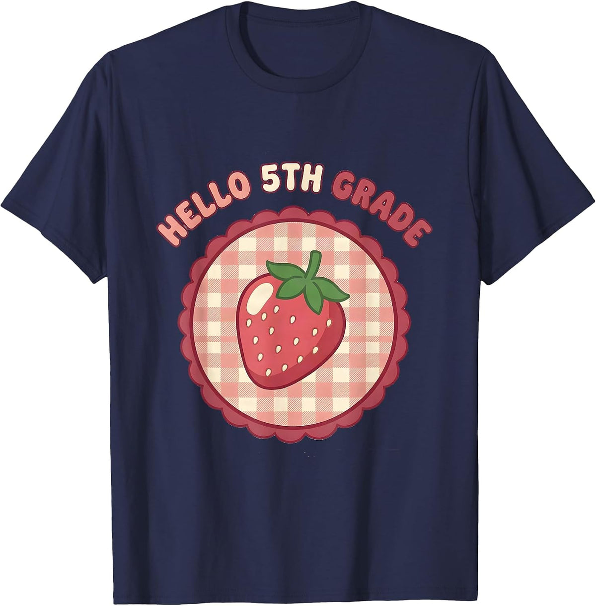 Hello 5th Grade Cute Gingham Picnic Back to School Girl T-Shirt - Navy Blue