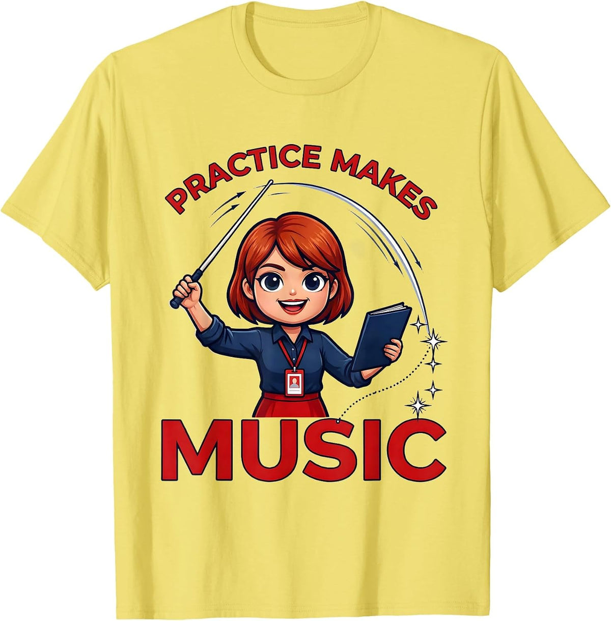 Men's PRACTICE MAKES MUSIC Cartoon Music Teacher School Staff T-Shirt - Lemon Yellow
