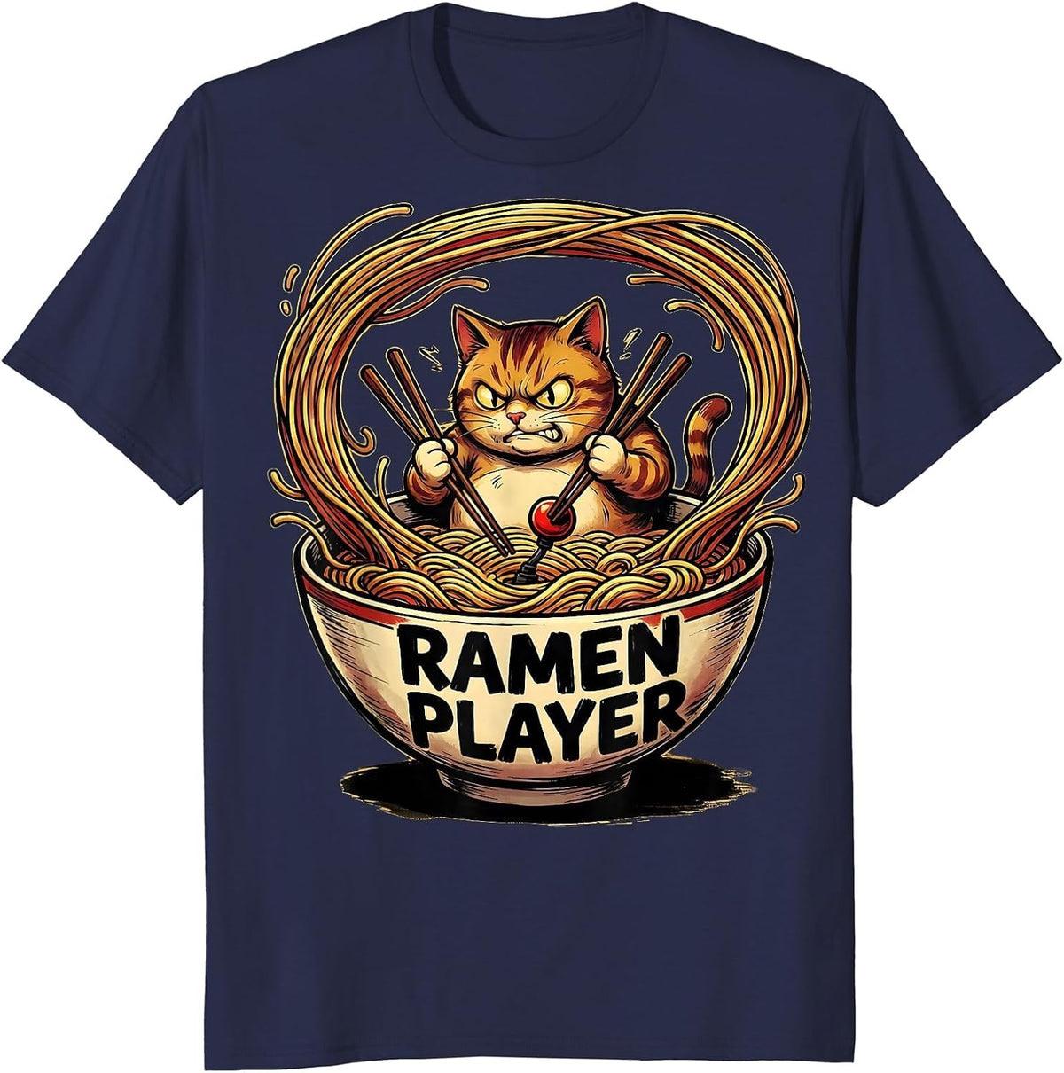 Men's Ramen Player Cartoon Cat Anime Japanese Kawaii Gamer Gift T-Shirt - Navy Blue