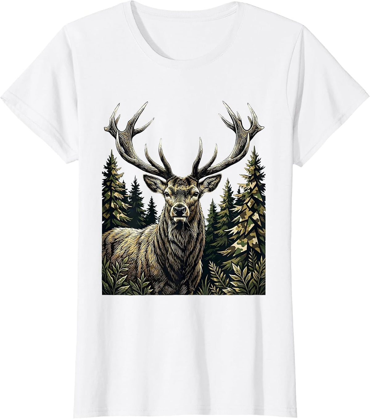 Deer Buck Camo Forest Hunting Graphic Design T-Shirt - White