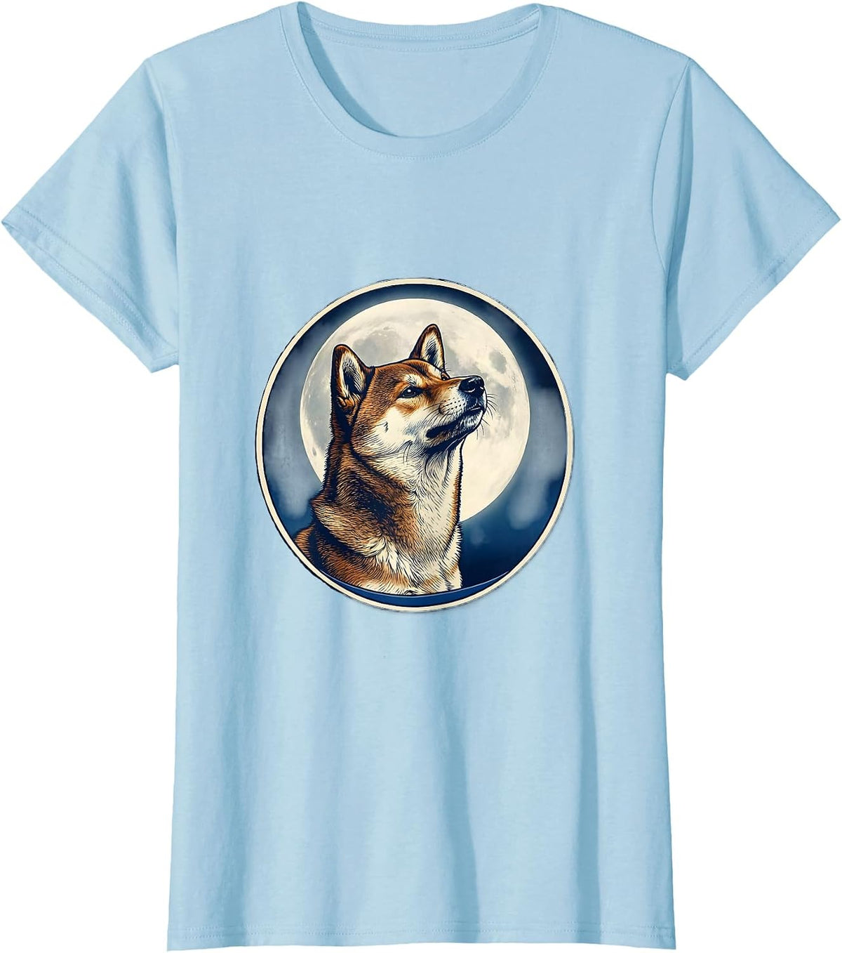Shiba Inu Howling at the Moon Ukiyo-e Retro Dog Owner T-Shirt - Baby Blue