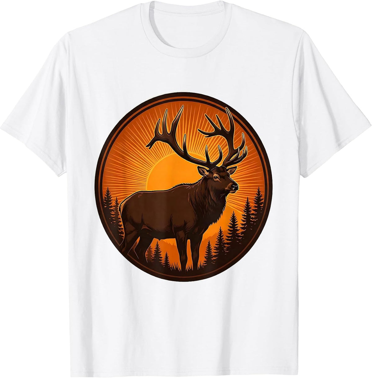 Men's Elk Silhouette Orange Sunset Fall Nature Design T-Shirt - White
