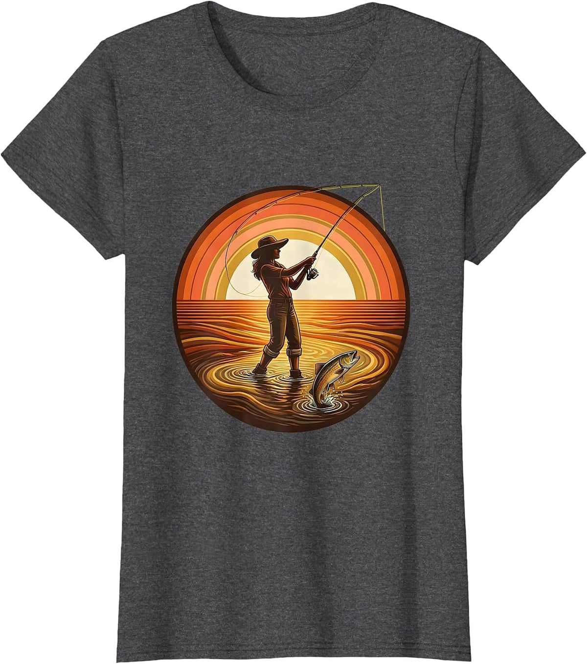 Women's Fly Fishing Wading Stream Catching Trout Graphic T-Shirt - Dark Heather Grey