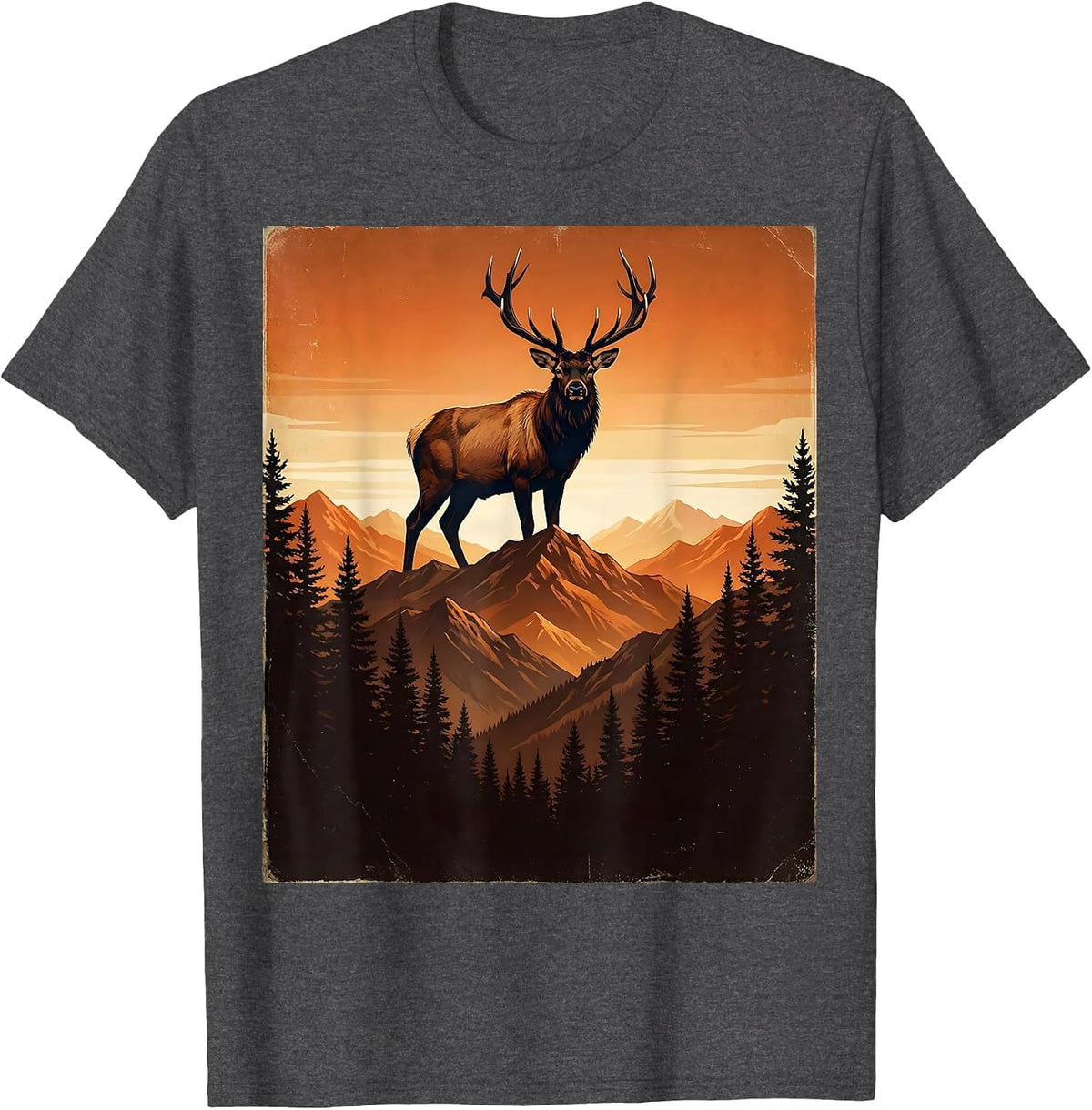 Elk Silhouette Mountain Sunset Nature Design T-Shirt - Dark Heather Grey