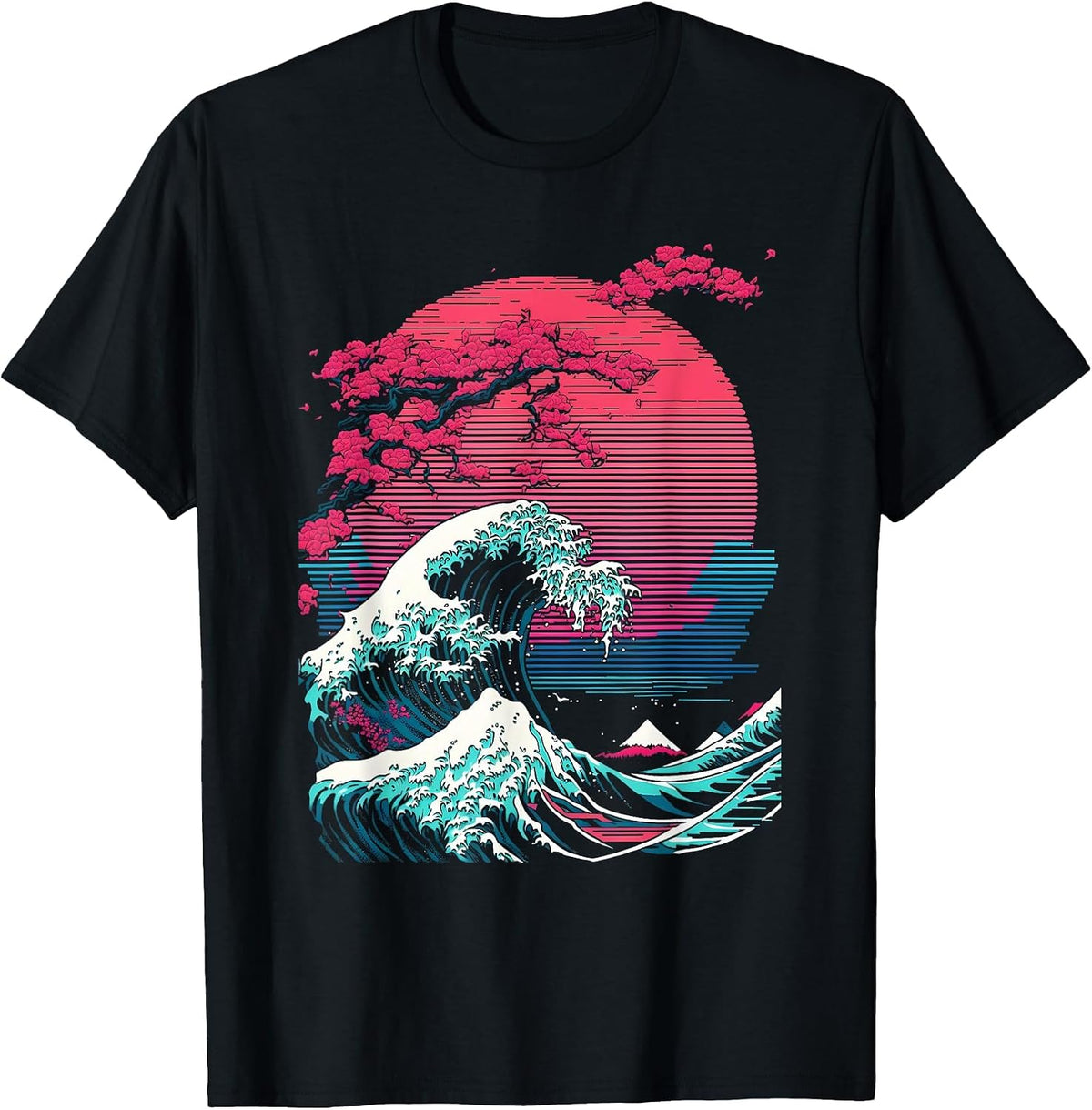 Great Wave Off Kanagawa Retro Glitch Aesthetic Vaporwave T-Shirt - Black