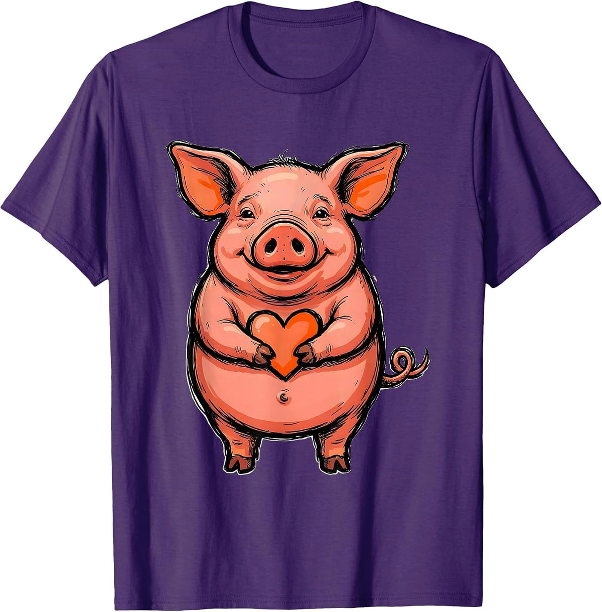 Men's Pig Hugging Heart Cheerful Farm Animal Humor T-Shirt - Purple
