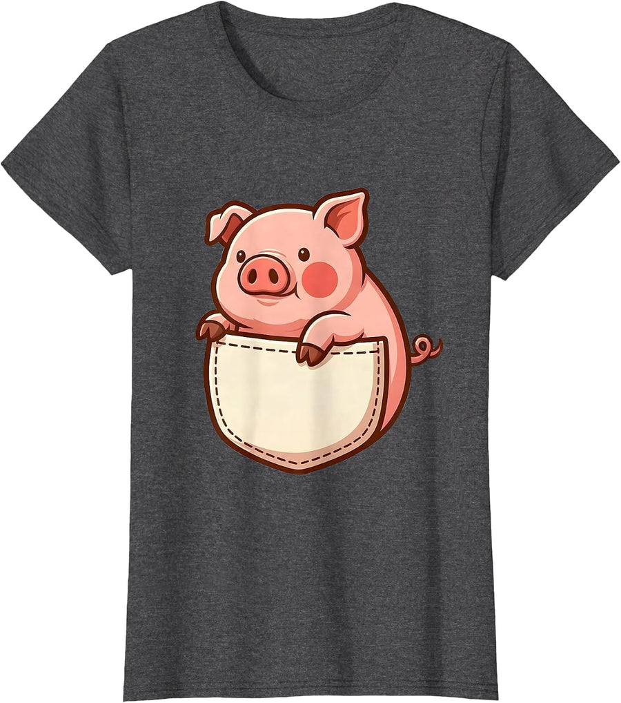 Women's Piglet Pocket Halloween Pig Lover Novelty Humor T-Shirt - Dark Heather Grey