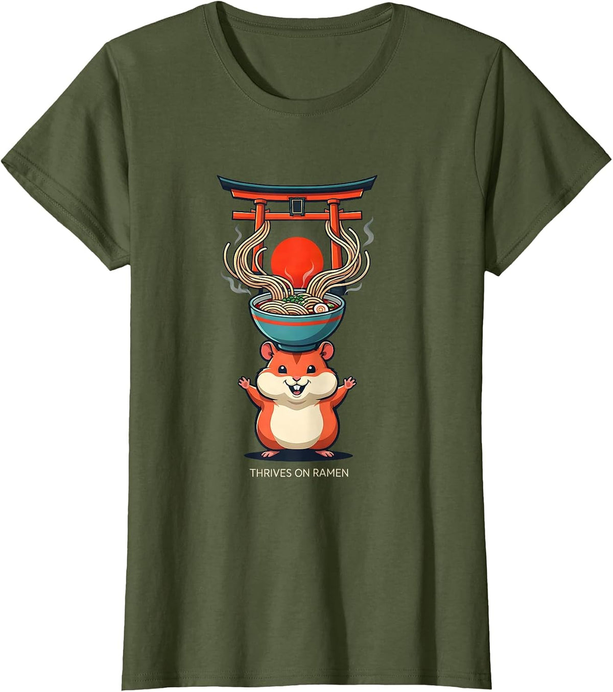 Women's Thrives on Ramen Funny Hamster Anime Animal Lover Gift T-Shirt - Olive Green