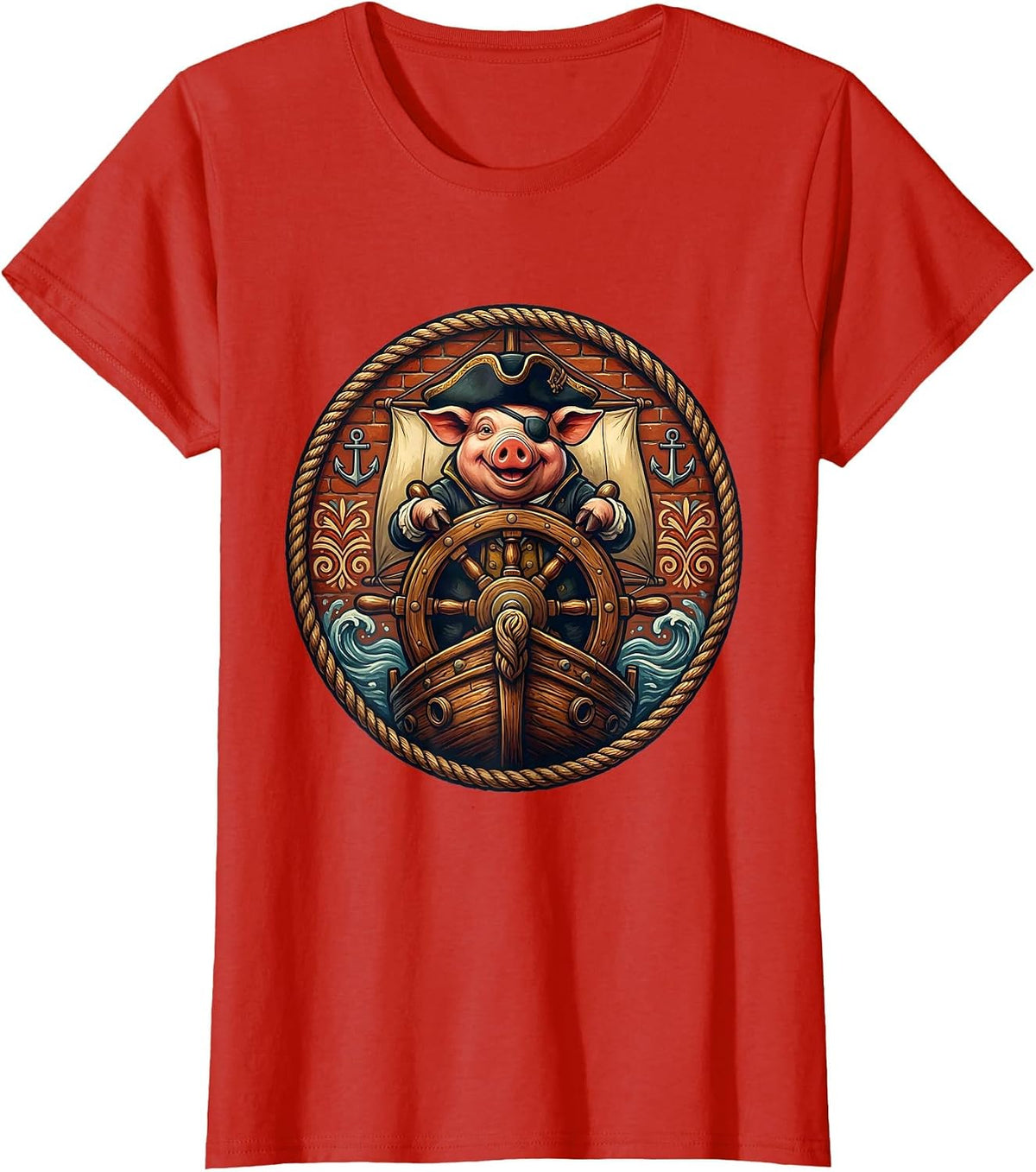 Pig Pirate Captain Steering Old Wooden Ship T-Shirt - Red