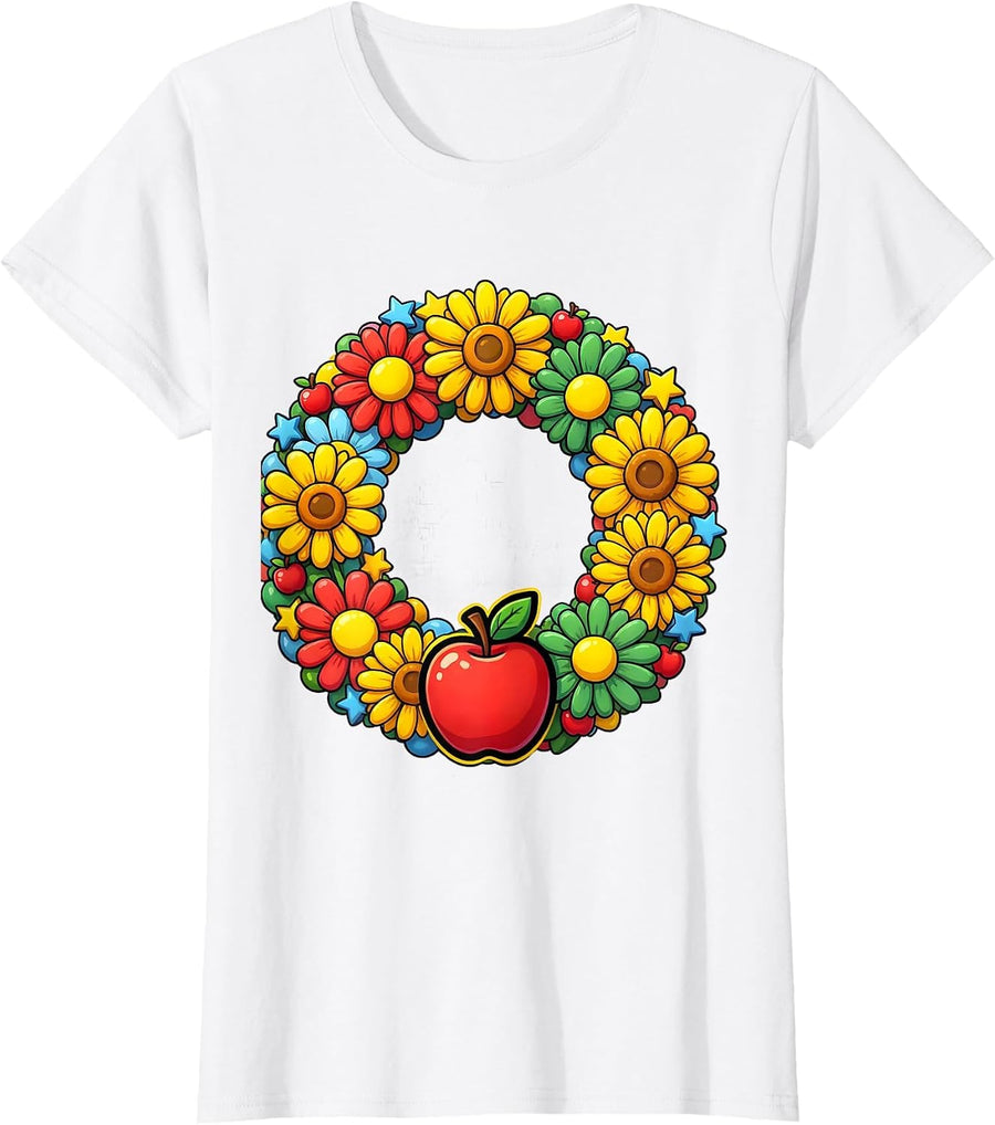 Women's Preschool Teacher ABC Floral Wreath Illustration T-Shirt - White