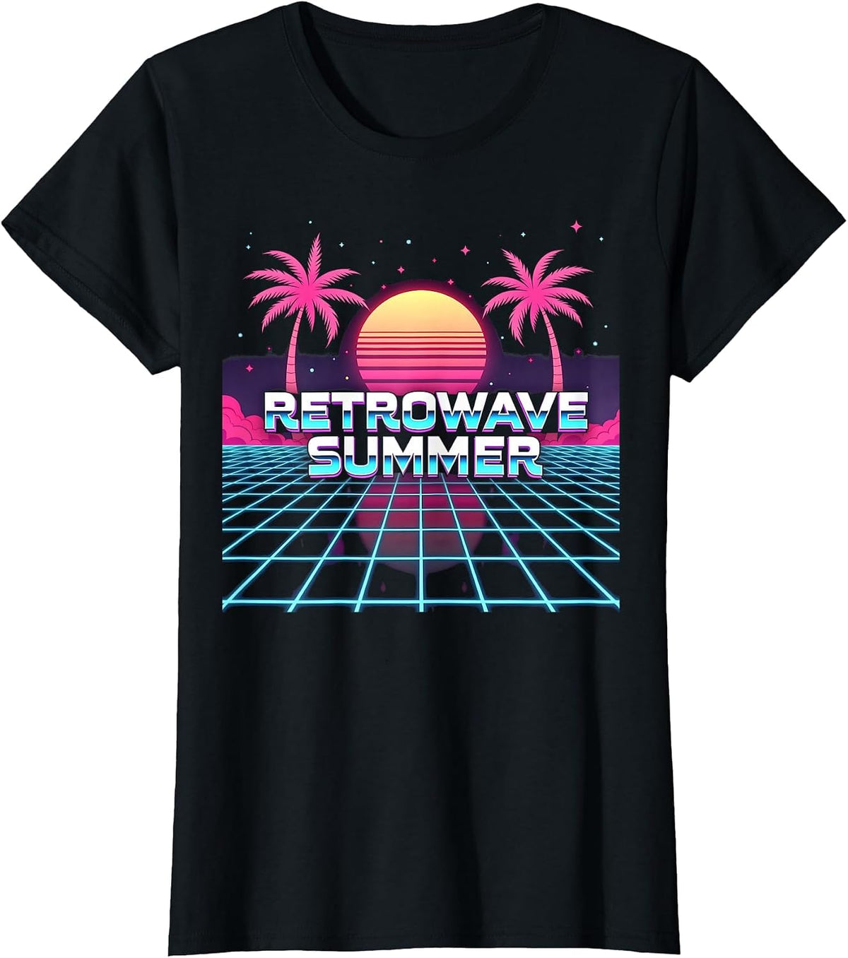 Retrowave Summer: 80s Inspired Tropical Sunset T-Shirt - Black