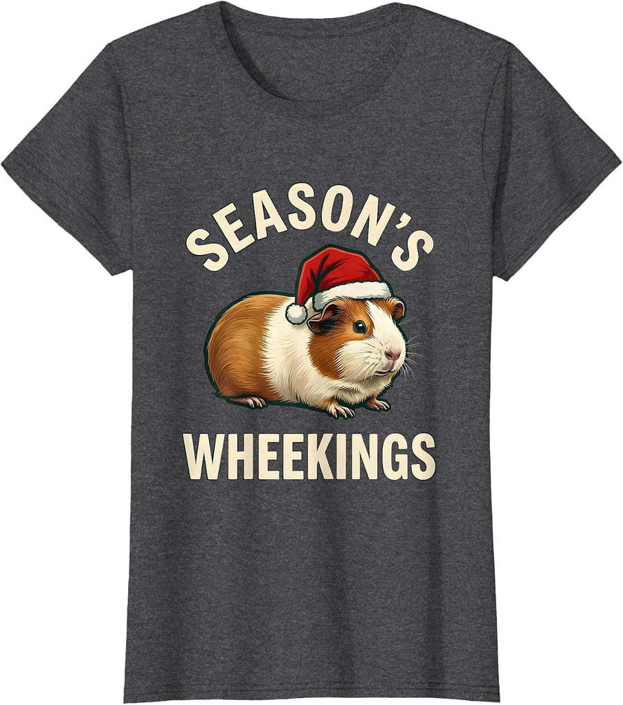 Women's Season's Wheekings Funny Guinea Pig Christmas Pet Lover T-Shirt - Dark Heather Grey