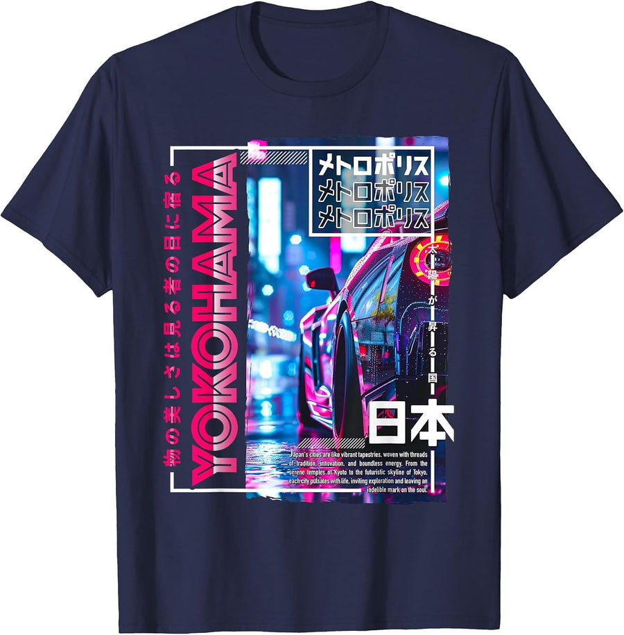 Yokohama City 80s Synthwave Racing Car Japan Yokohama T-Shirt - Navy Blue