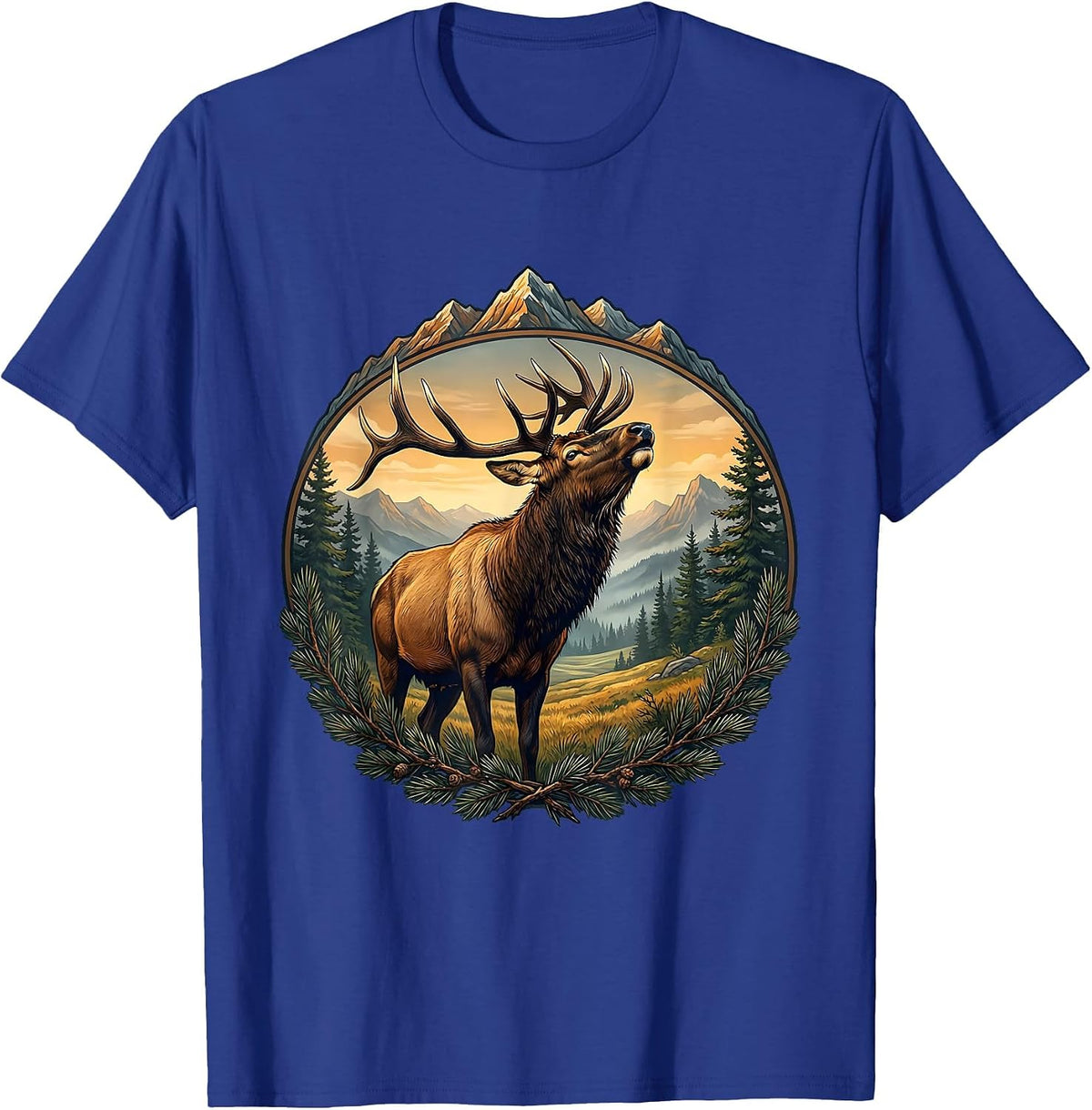 Rocky Mountain Elk Bugling Alpine Meadow Art T-Shirt - Royal Blue