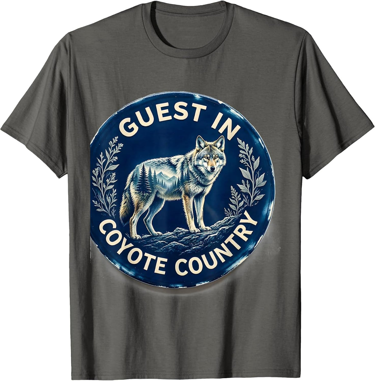 Men's Guest In Coyote Country Cyanotype Wildlife Forest Hiker T-Shirt - Asphalt Grey